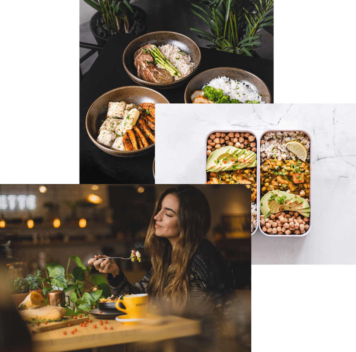 woman enjpying food, meals in storage container, and food bowls on a table